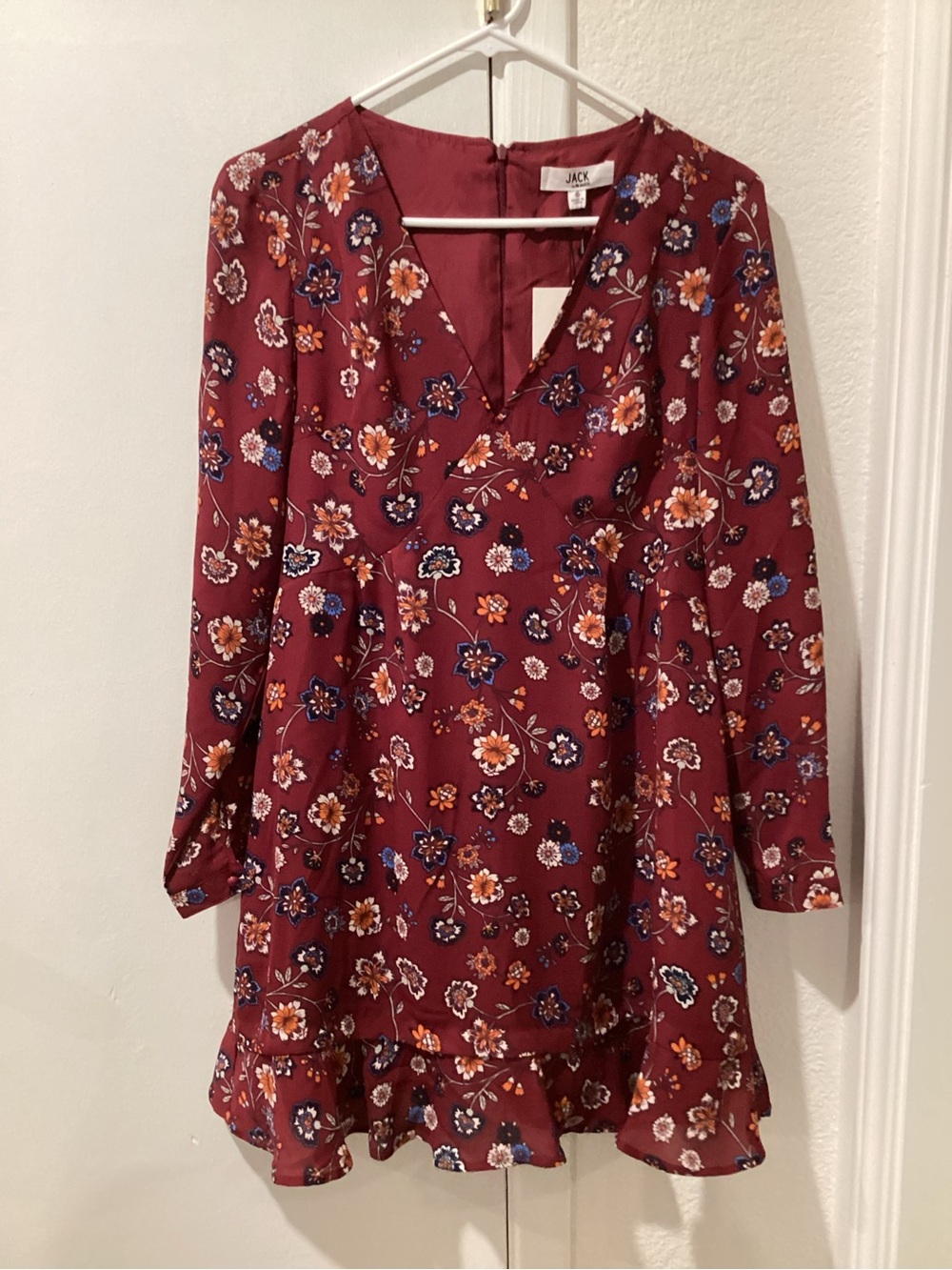 Jack by BB Dakota Wine Floral Long Sleeve V-Neck Dress